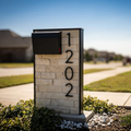 Limestone Mailbox Post — Natural Stacked Stone Panel with Custom Address Numbers