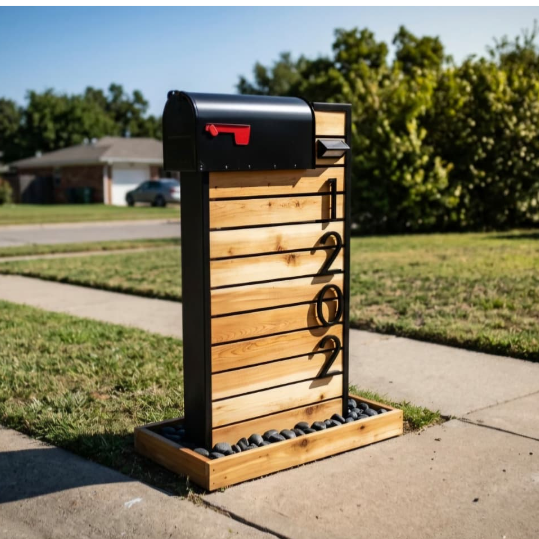 Cedar Classic Mailbox Post — Modern Wood & Steel with Custom House Numbers