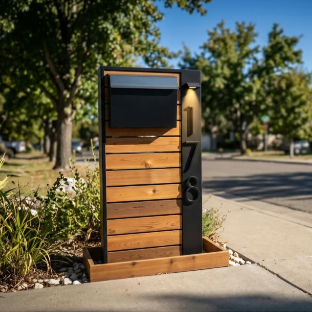 Streamline Mailbox Post — Compact Cedar & Black Steel with Spotlight and Address Numbers