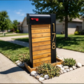 Gold Standard Mailbox Post — Cedar & Black Steel with Bold Gold House Numbers