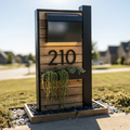Garden Gate Mailbox Post — Cedar & Steel with Built-In Planter and Warm LED Light