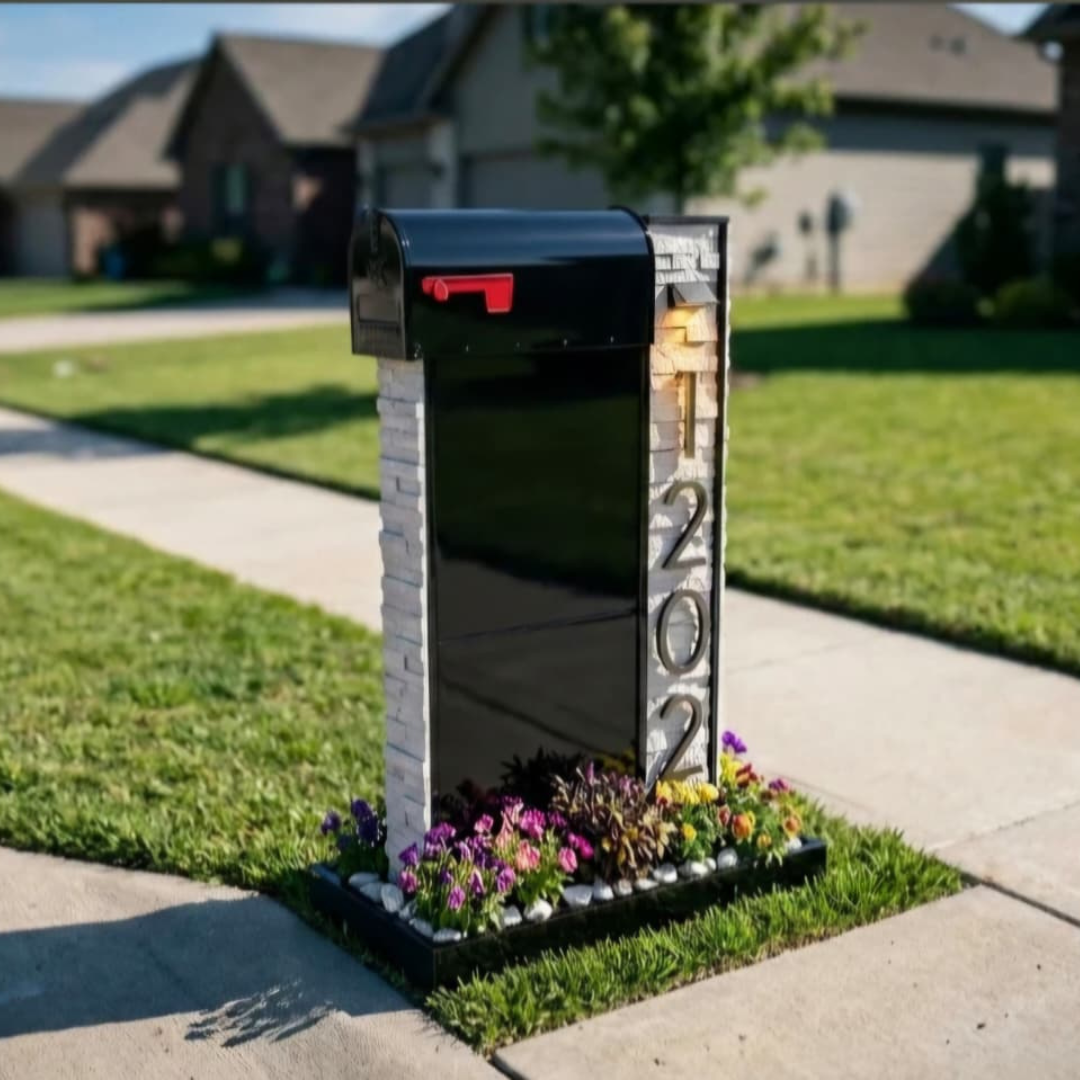 The Noir Mailbox Post — Black Panel & White Stone with Amber LED Accent Light
