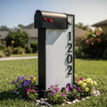 Marble Modern Mailbox Post — White Marble Panel with Matte Black Address Numbers